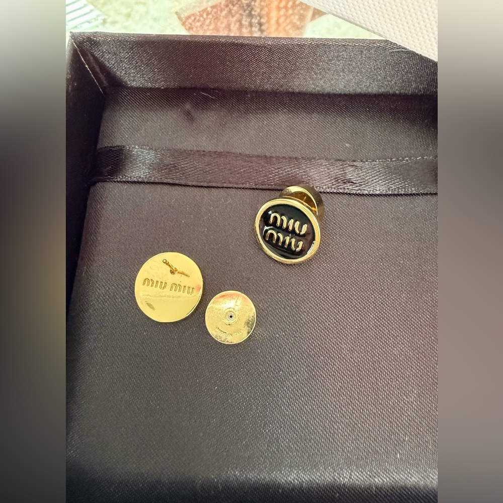 Miu Miu Gold Black Logo Stud Earrings - Picture 2 of 2